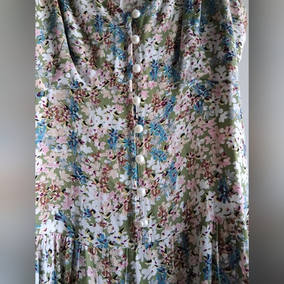 Ditsy Floral Faux Pearl Button Front Tiered Midi Dress Adjustable Straps L - Picture 5 of 8